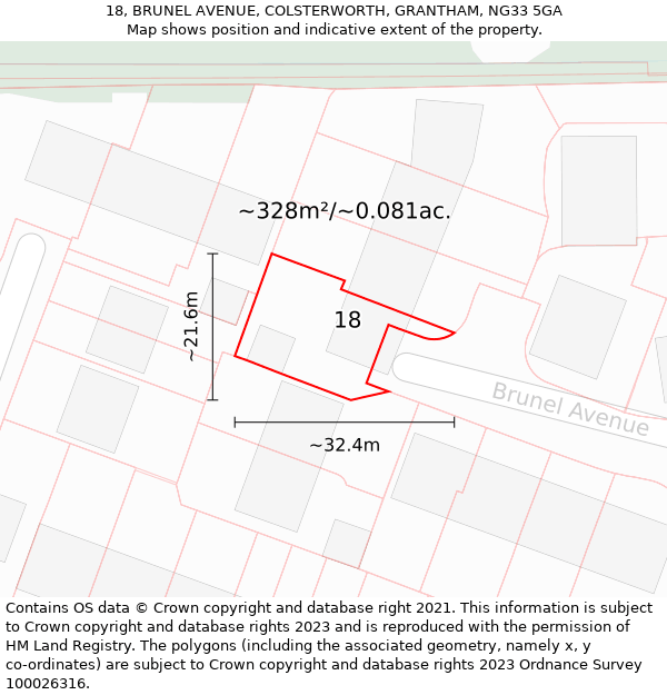 18, BRUNEL AVENUE, COLSTERWORTH, GRANTHAM, NG33 5GA: Plot and title map