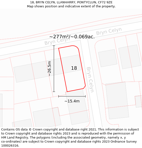 18, BRYN CELYN, LLANHARRY, PONTYCLUN, CF72 9ZE: Plot and title map