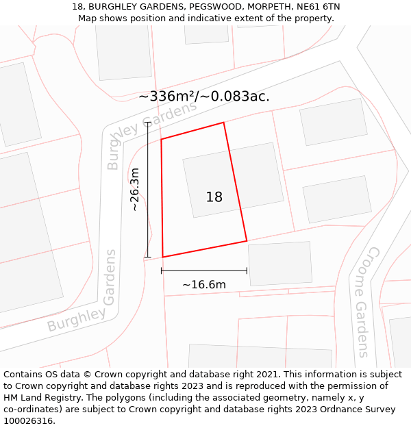 18, BURGHLEY GARDENS, PEGSWOOD, MORPETH, NE61 6TN: Plot and title map