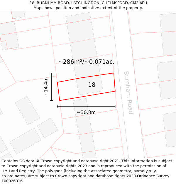 18, BURNHAM ROAD, LATCHINGDON, CHELMSFORD, CM3 6EU: Plot and title map