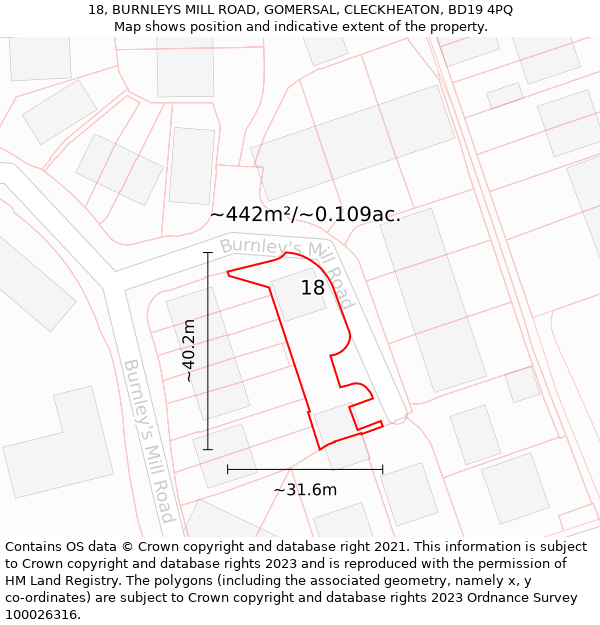 18, BURNLEYS MILL ROAD, GOMERSAL, CLECKHEATON, BD19 4PQ: Plot and title map