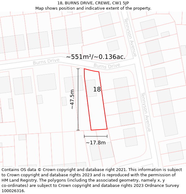 18, BURNS DRIVE, CREWE, CW1 5JP: Plot and title map