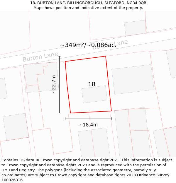 18, BURTON LANE, BILLINGBOROUGH, SLEAFORD, NG34 0QR: Plot and title map