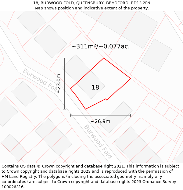 18, BURWOOD FOLD, QUEENSBURY, BRADFORD, BD13 2FN: Plot and title map