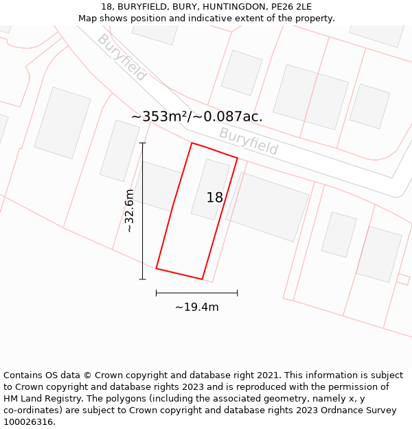 18, BURYFIELD, BURY, HUNTINGDON, PE26 2LE: Plot and title map