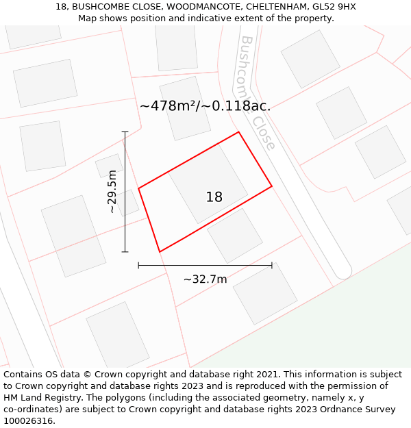 18, BUSHCOMBE CLOSE, WOODMANCOTE, CHELTENHAM, GL52 9HX: Plot and title map