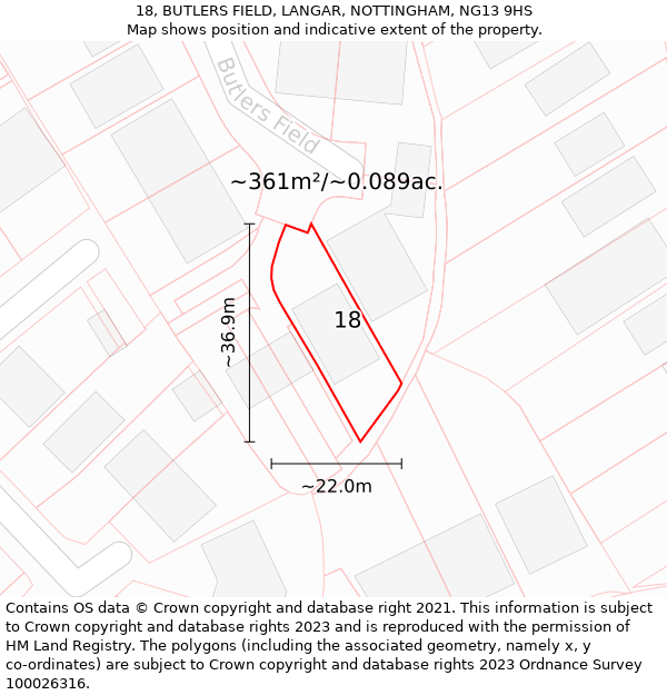 18, BUTLERS FIELD, LANGAR, NOTTINGHAM, NG13 9HS: Plot and title map