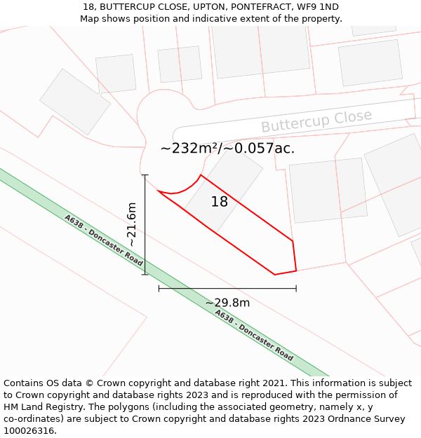 18, BUTTERCUP CLOSE, UPTON, PONTEFRACT, WF9 1ND: Plot and title map