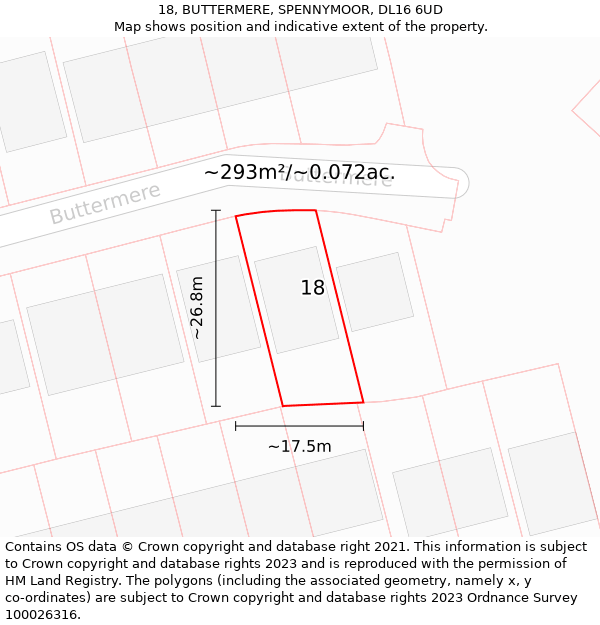 18, BUTTERMERE, SPENNYMOOR, DL16 6UD: Plot and title map