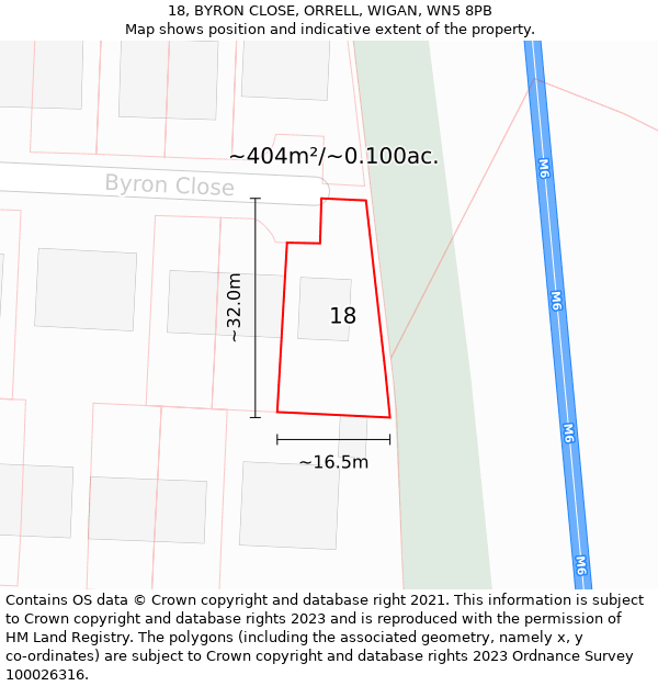 18, BYRON CLOSE, ORRELL, WIGAN, WN5 8PB: Plot and title map