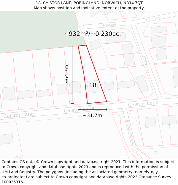 18, CAISTOR LANE, PORINGLAND, NORWICH, NR14 7QT: Plot and title map