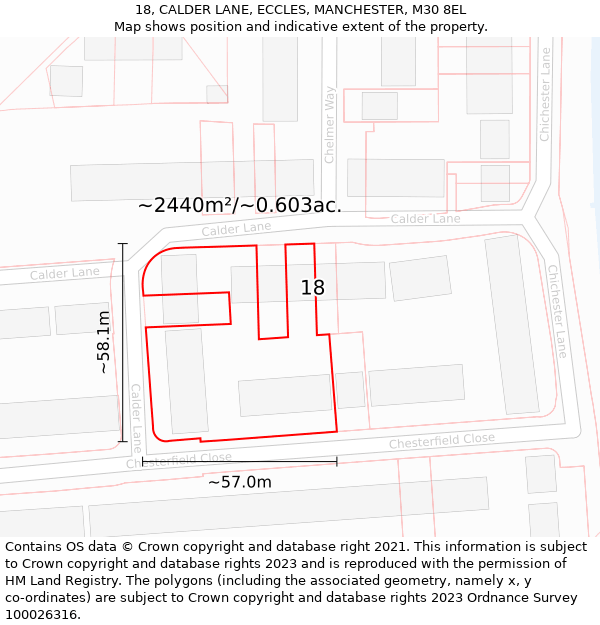 18, CALDER LANE, ECCLES, MANCHESTER, M30 8EL: Plot and title map