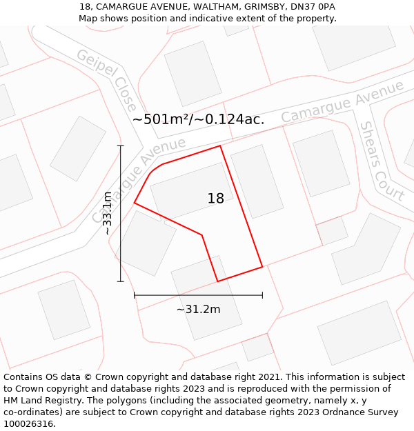 18, CAMARGUE AVENUE, WALTHAM, GRIMSBY, DN37 0PA: Plot and title map