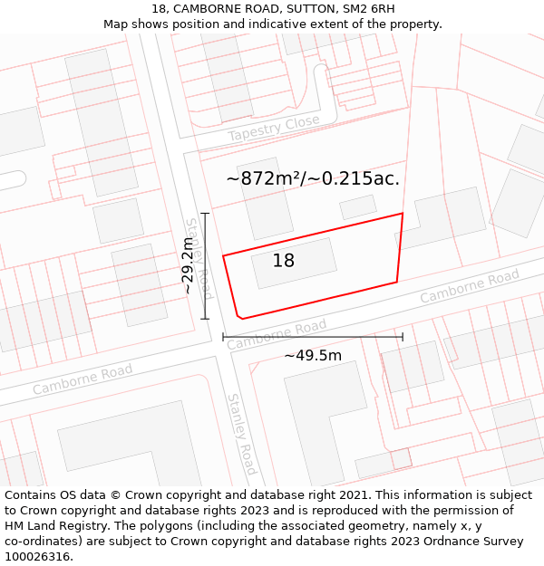 18, CAMBORNE ROAD, SUTTON, SM2 6RH: Plot and title map