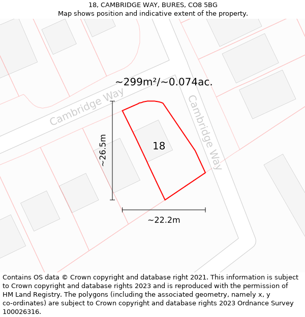 18, CAMBRIDGE WAY, BURES, CO8 5BG: Plot and title map