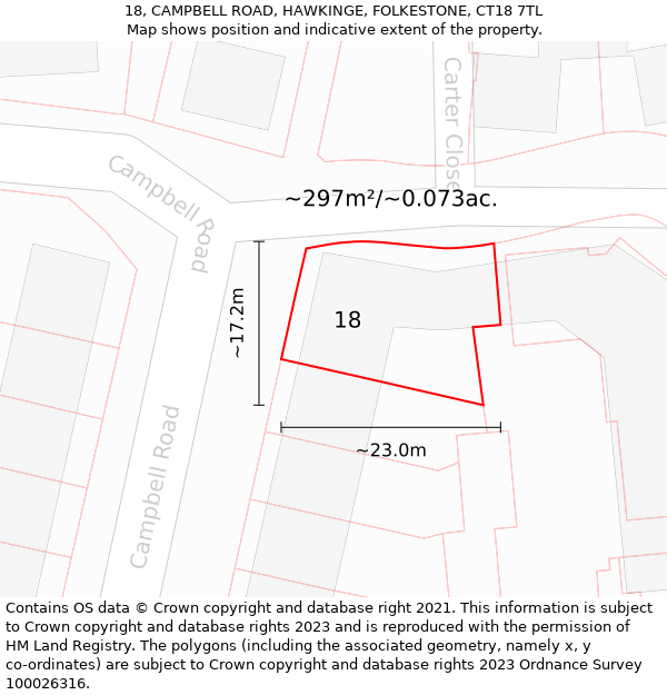 18, CAMPBELL ROAD, HAWKINGE, FOLKESTONE, CT18 7TL: Plot and title map