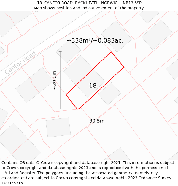 18, CANFOR ROAD, RACKHEATH, NORWICH, NR13 6SP: Plot and title map