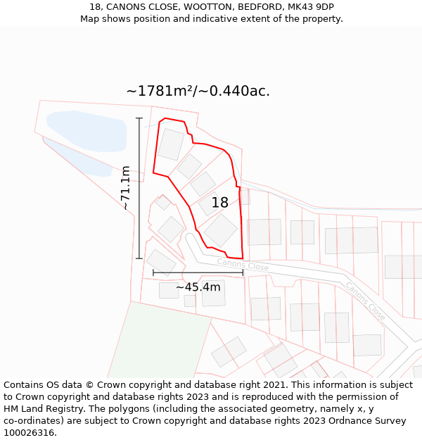 18, CANONS CLOSE, WOOTTON, BEDFORD, MK43 9DP: Plot and title map