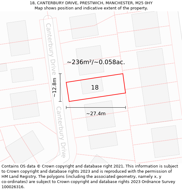 18, CANTERBURY DRIVE, PRESTWICH, MANCHESTER, M25 0HY: Plot and title map