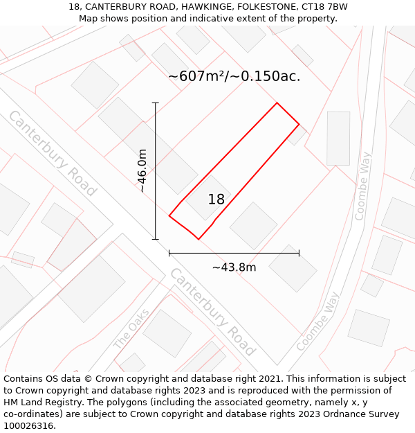 18, CANTERBURY ROAD, HAWKINGE, FOLKESTONE, CT18 7BW: Plot and title map