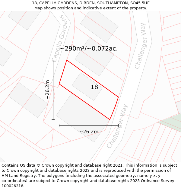 18, CAPELLA GARDENS, DIBDEN, SOUTHAMPTON, SO45 5UE: Plot and title map