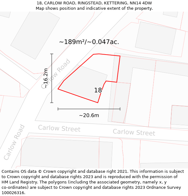 18, CARLOW ROAD, RINGSTEAD, KETTERING, NN14 4DW: Plot and title map