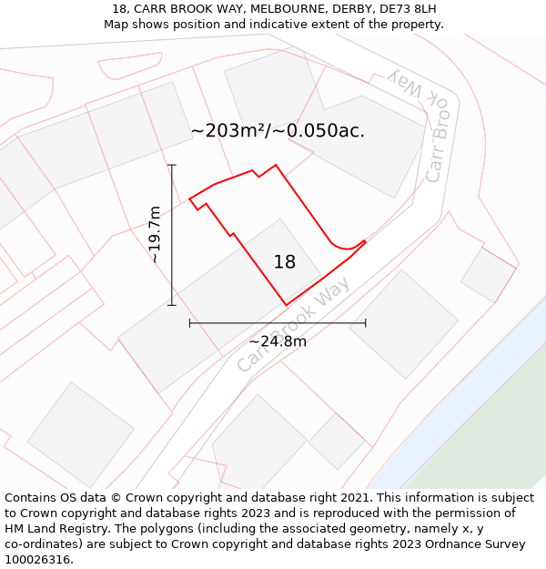 18, CARR BROOK WAY, MELBOURNE, DERBY, DE73 8LH: Plot and title map