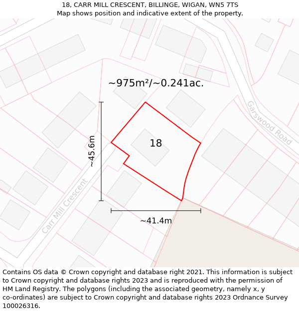 18, CARR MILL CRESCENT, BILLINGE, WIGAN, WN5 7TS: Plot and title map