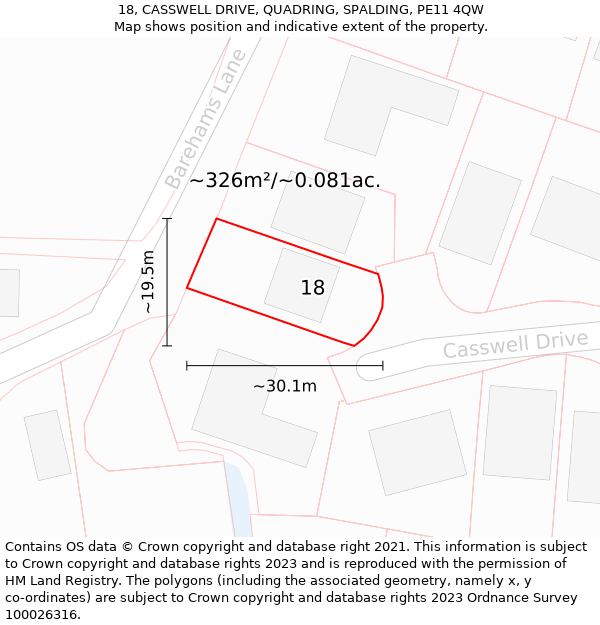 18, CASSWELL DRIVE, QUADRING, SPALDING, PE11 4QW: Plot and title map