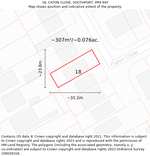 18, CATON CLOSE, SOUTHPORT, PR9 9XF: Plot and title map