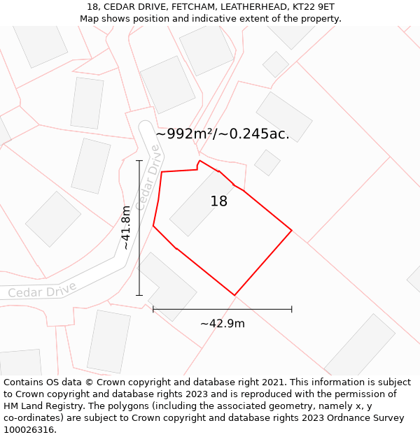 18, CEDAR DRIVE, FETCHAM, LEATHERHEAD, KT22 9ET: Plot and title map