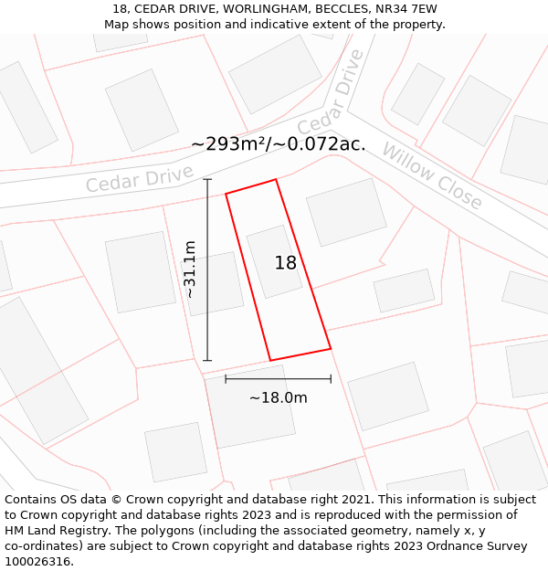 18, CEDAR DRIVE, WORLINGHAM, BECCLES, NR34 7EW: Plot and title map