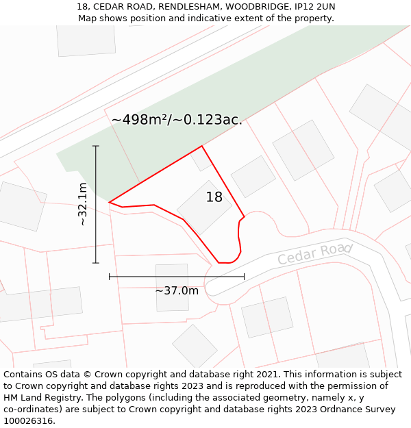 18, CEDAR ROAD, RENDLESHAM, WOODBRIDGE, IP12 2UN: Plot and title map