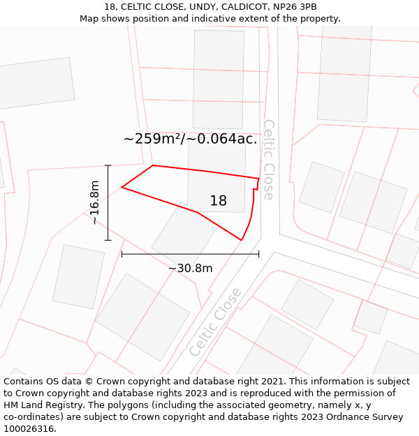 18, CELTIC CLOSE, UNDY, CALDICOT, NP26 3PB: Plot and title map