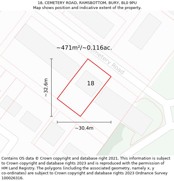 18, CEMETERY ROAD, RAMSBOTTOM, BURY, BL0 9PU: Plot and title map
