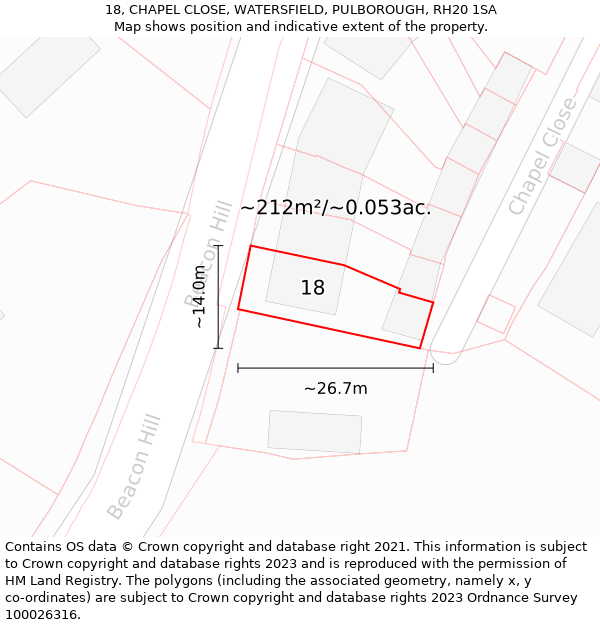 18, CHAPEL CLOSE, WATERSFIELD, PULBOROUGH, RH20 1SA: Plot and title map