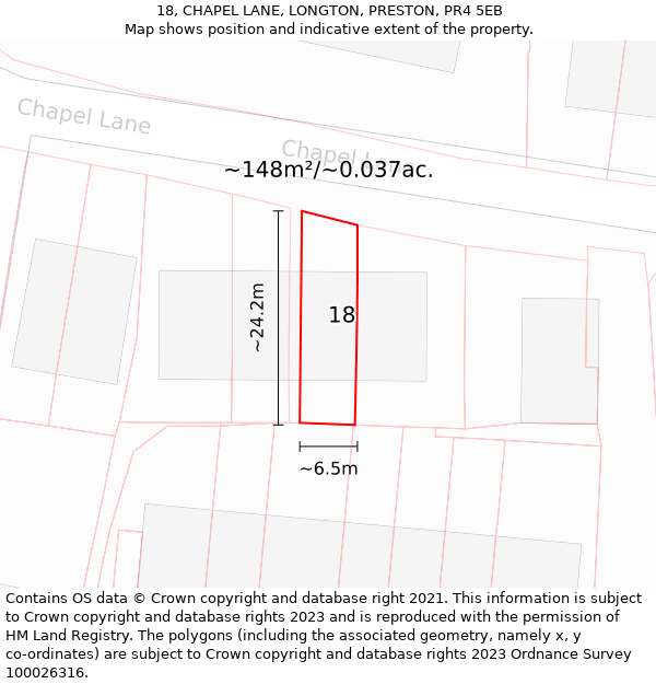 18, CHAPEL LANE, LONGTON, PRESTON, PR4 5EB: Plot and title map