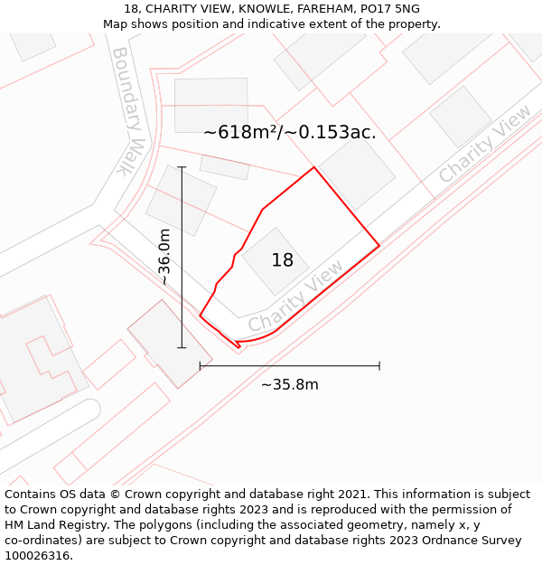 18, CHARITY VIEW, KNOWLE, FAREHAM, PO17 5NG: Plot and title map