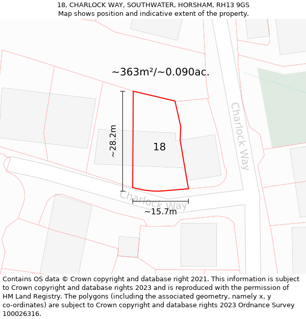 18, CHARLOCK WAY, SOUTHWATER, HORSHAM, RH13 9GS: Plot and title map