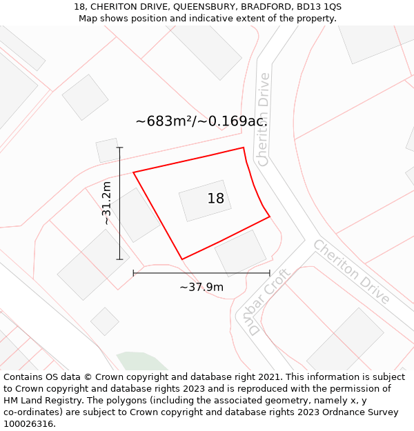 18, CHERITON DRIVE, QUEENSBURY, BRADFORD, BD13 1QS: Plot and title map