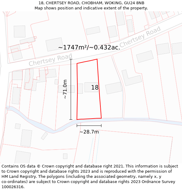 18, CHERTSEY ROAD, CHOBHAM, WOKING, GU24 8NB: Plot and title map