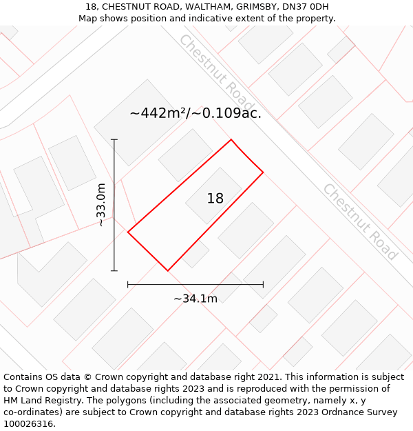 18, CHESTNUT ROAD, WALTHAM, GRIMSBY, DN37 0DH: Plot and title map