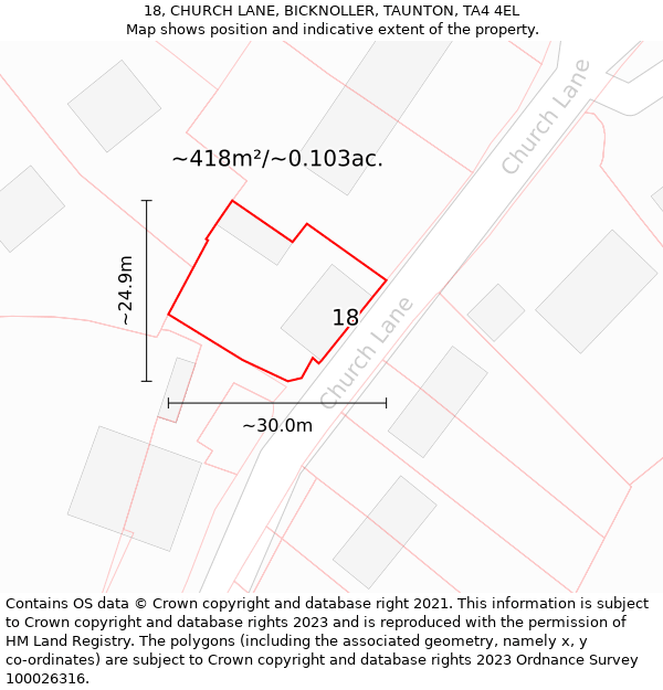 18, CHURCH LANE, BICKNOLLER, TAUNTON, TA4 4EL: Plot and title map