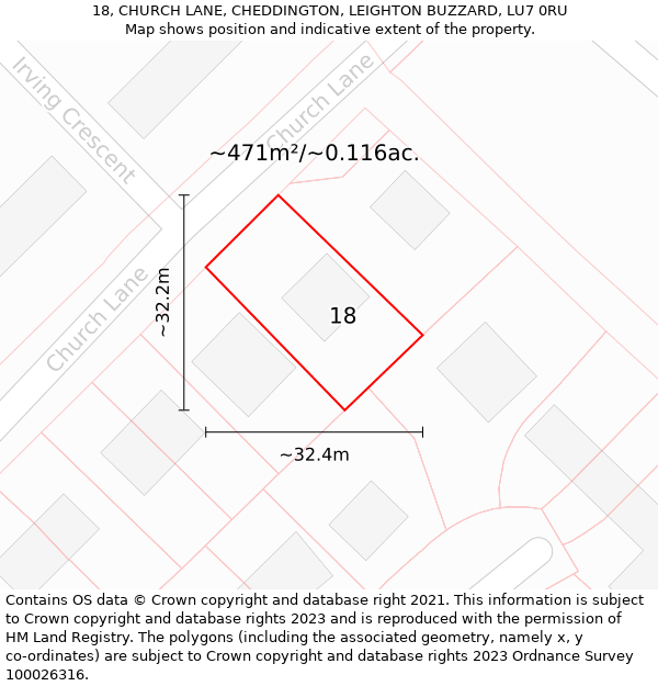 18, CHURCH LANE, CHEDDINGTON, LEIGHTON BUZZARD, LU7 0RU: Plot and title map