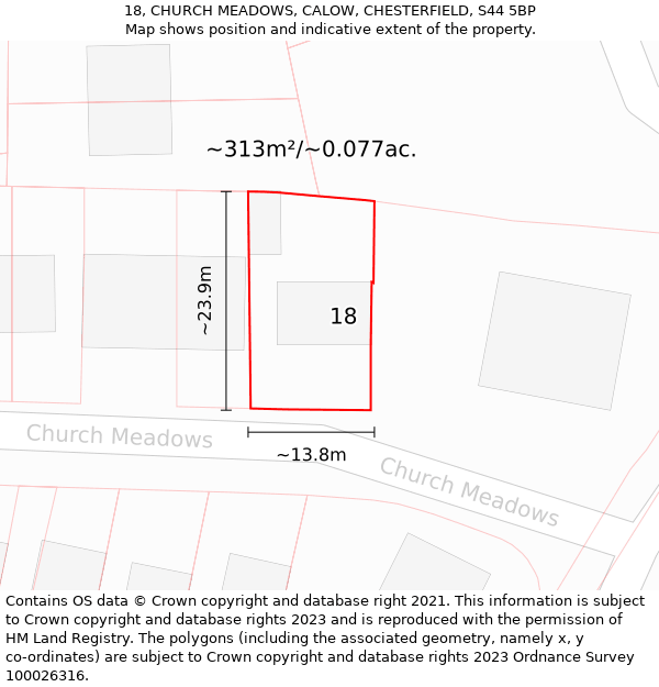 18, CHURCH MEADOWS, CALOW, CHESTERFIELD, S44 5BP: Plot and title map