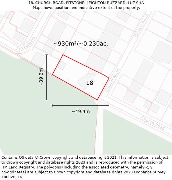 18, CHURCH ROAD, PITSTONE, LEIGHTON BUZZARD, LU7 9HA: Plot and title map