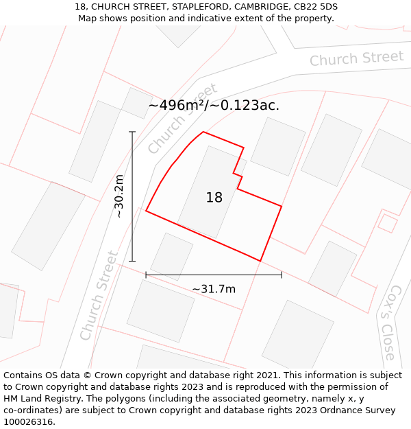 18, CHURCH STREET, STAPLEFORD, CAMBRIDGE, CB22 5DS: Plot and title map