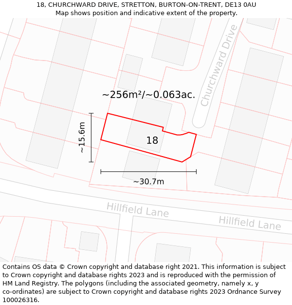 18, CHURCHWARD DRIVE, STRETTON, BURTON-ON-TRENT, DE13 0AU: Plot and title map