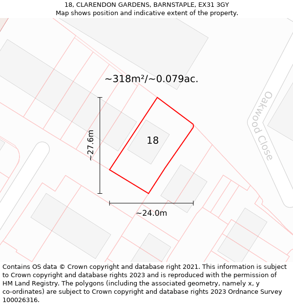 18, CLARENDON GARDENS, BARNSTAPLE, EX31 3GY: Plot and title map