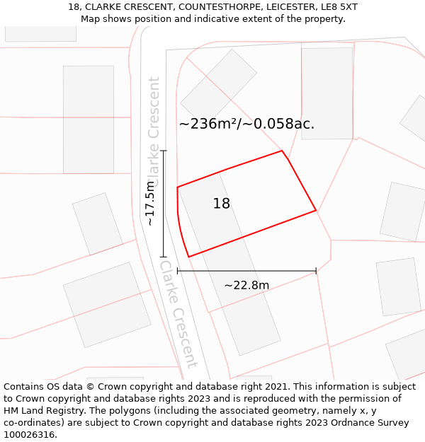 18, CLARKE CRESCENT, COUNTESTHORPE, LEICESTER, LE8 5XT: Plot and title map